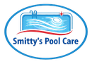 Logo for Smitty's Pool Care featuring an oval blue border, a swimming pool icon, and a floating chlorine tablet.