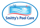 Logo for Smitty's Pool Care featuring an oval blue border, a swimming pool icon, and a floating chlorine tablet.