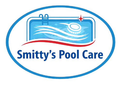 Logo for Smitty's Pool Care featuring an oval blue border, a swimming pool icon, and a floating chlorine tablet.