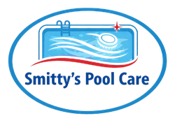 Logo for Smitty's Pool Care featuring an oval blue border, a swimming pool icon, and a floating chlorine tablet.