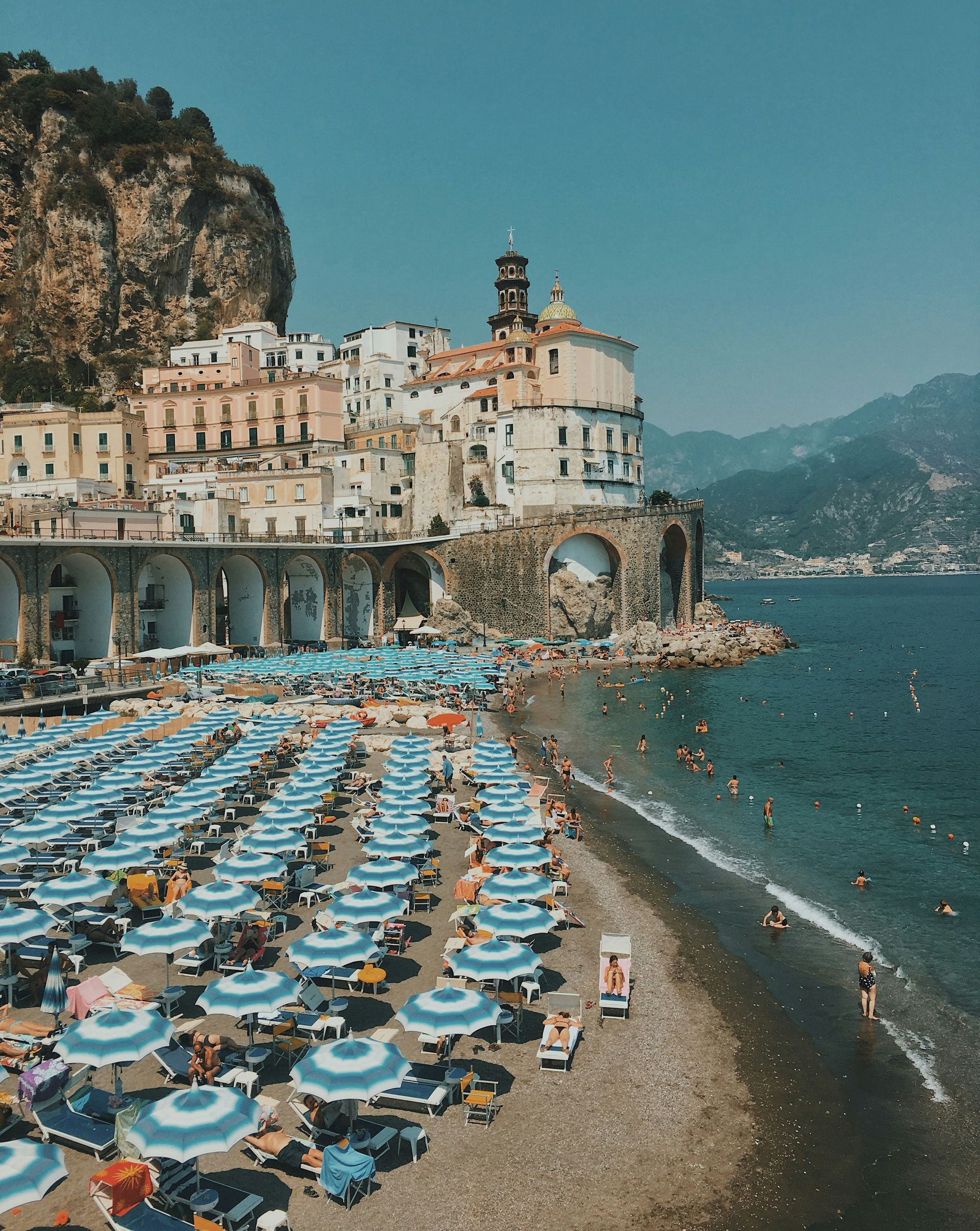 Beach with umbrellas during the day