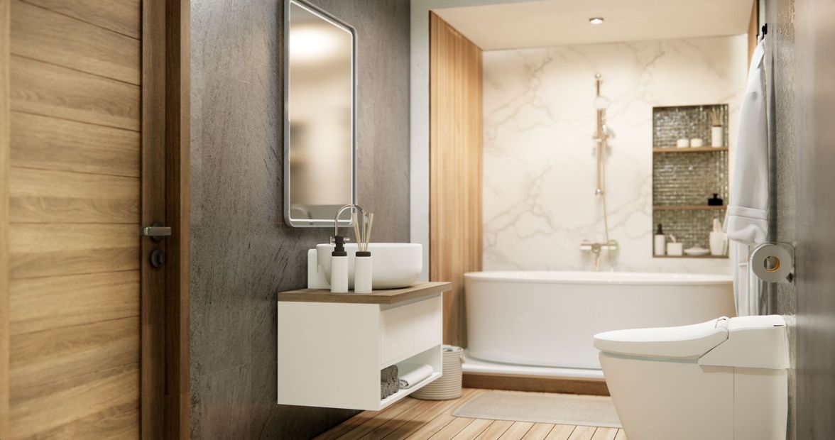 Modern bathroom with freestanding tub, walk-in shower, wall mirror, and white vanity in warm wood tones
