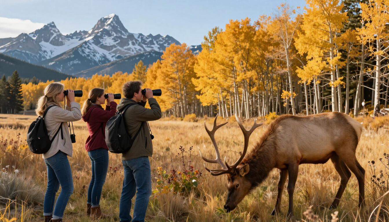 Photorealistic visitors viewing elk from a safe distance in Estes Park during fall