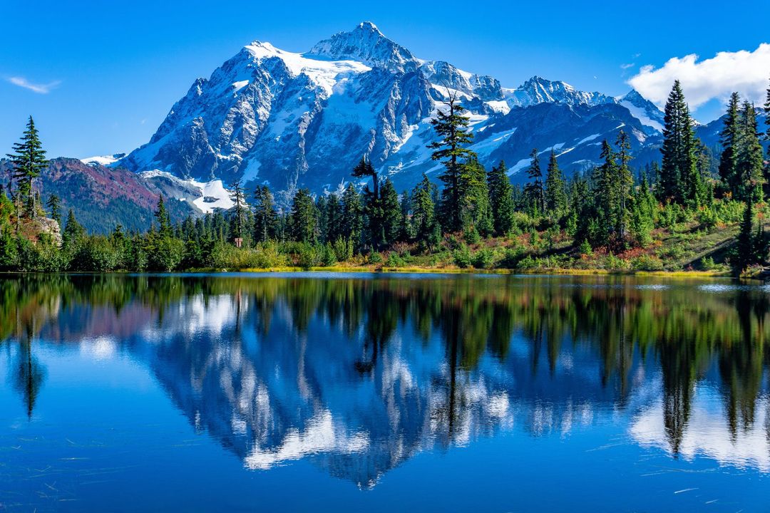 Snowy mountain peaks reflected in a calm lake, with pine trees and a clear blue sky.