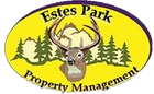 Estes Park Property Management logo with deer, mountains and pine trees on a yellow oval background