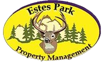 Estes Park Property Management logo with deer, mountains and pine trees on a yellow oval background