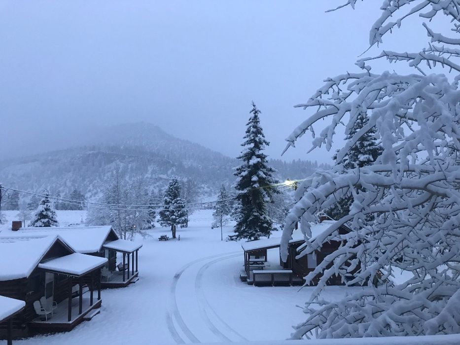 snow covered cabins