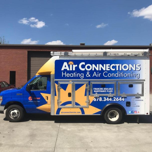 A blue and yellow van for air connections heating and air conditioning