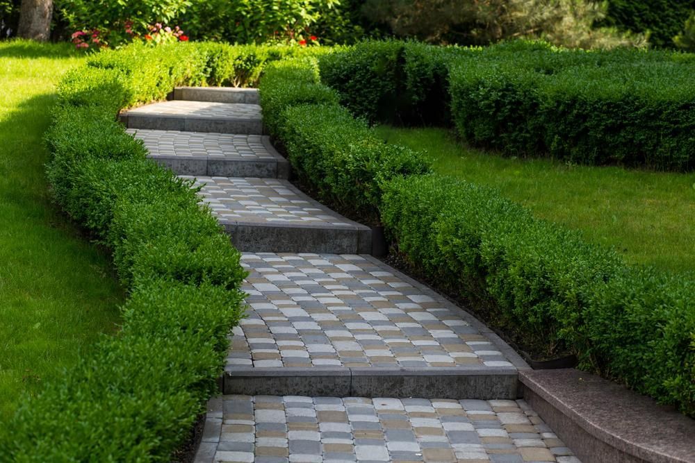 A Brick Walkway Surrounded By Bushes In A Garden — Southern Bricks & Pavers In Ulladulla, NSW