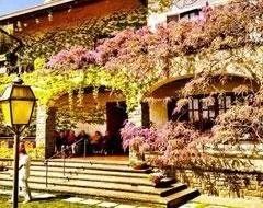 Un edificio in pietra con una terrazza ricoperta di glicini viola in fiore, con persone sedute su una veranda sopra dei gradini di pietra.