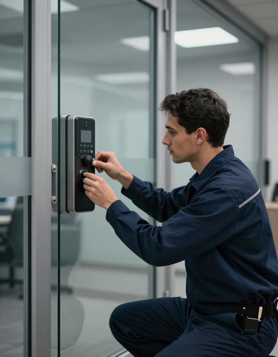 Technician entering a code on a wall-mounted keypad beside a glass door