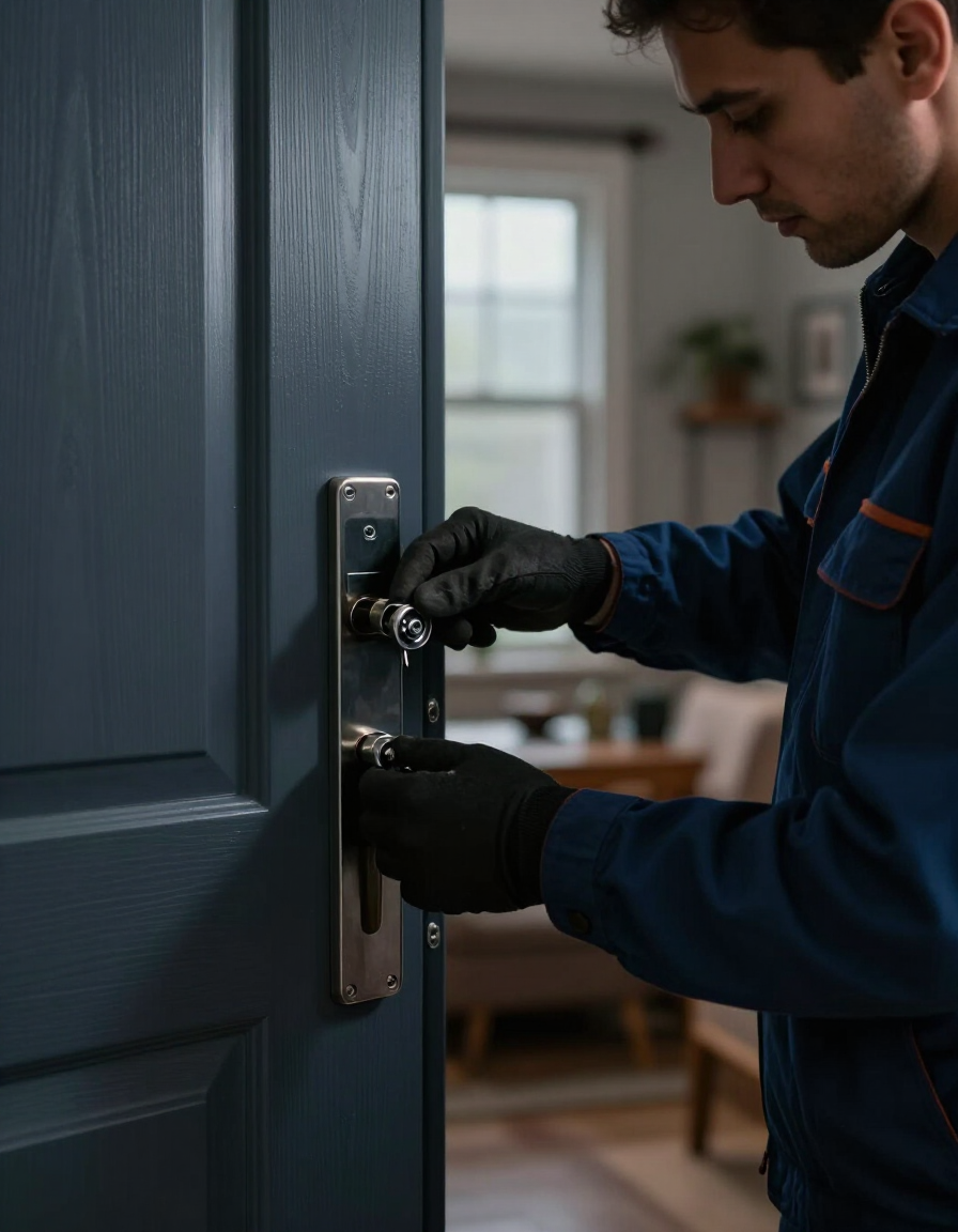 Gloved locksmith repairing a door lock on a dark blue door indoors