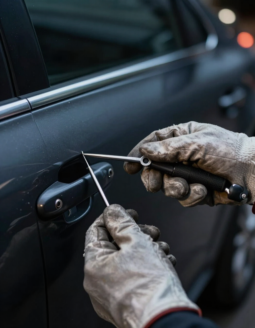 Gloved hands using a tool to unlock a dark car door handle