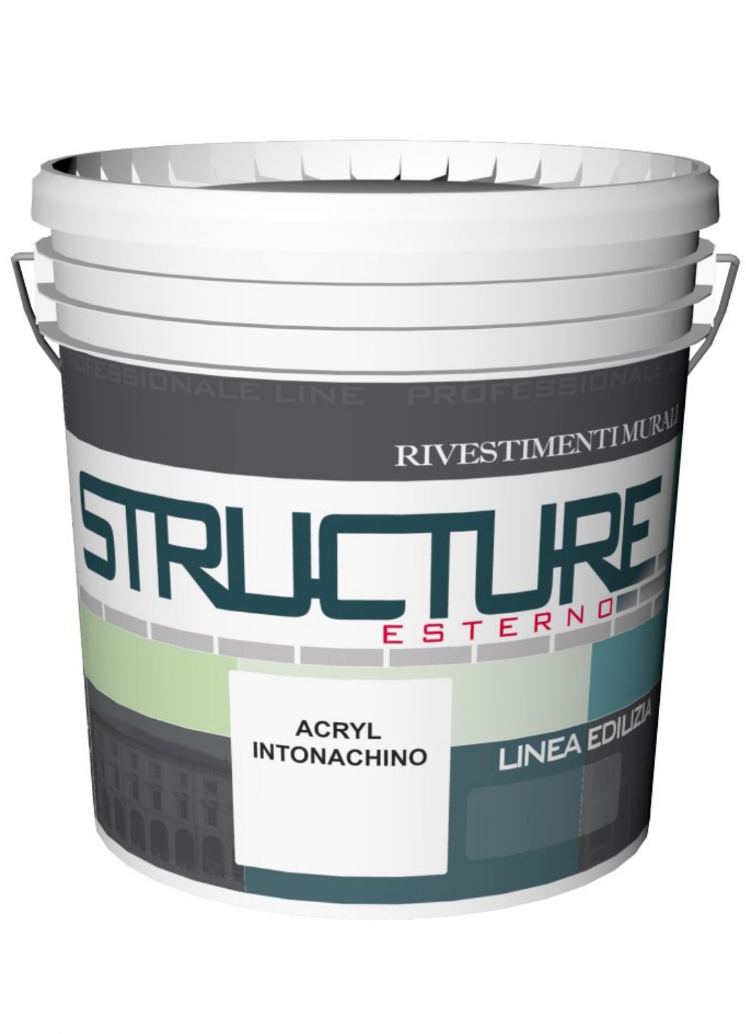Secchio bianco di gesso acrilico Structure Esterno con etichetta e manico neri e turchesi.
