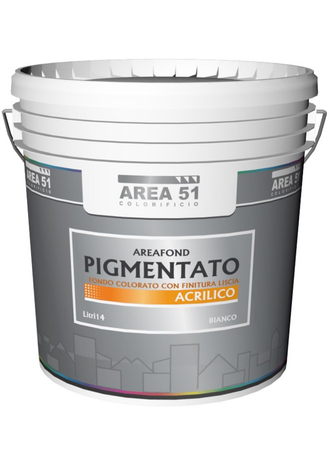 Secchio di plastica bianca con la scritta “Area 51 Pigmentato Acrilico” su sfondo neutro