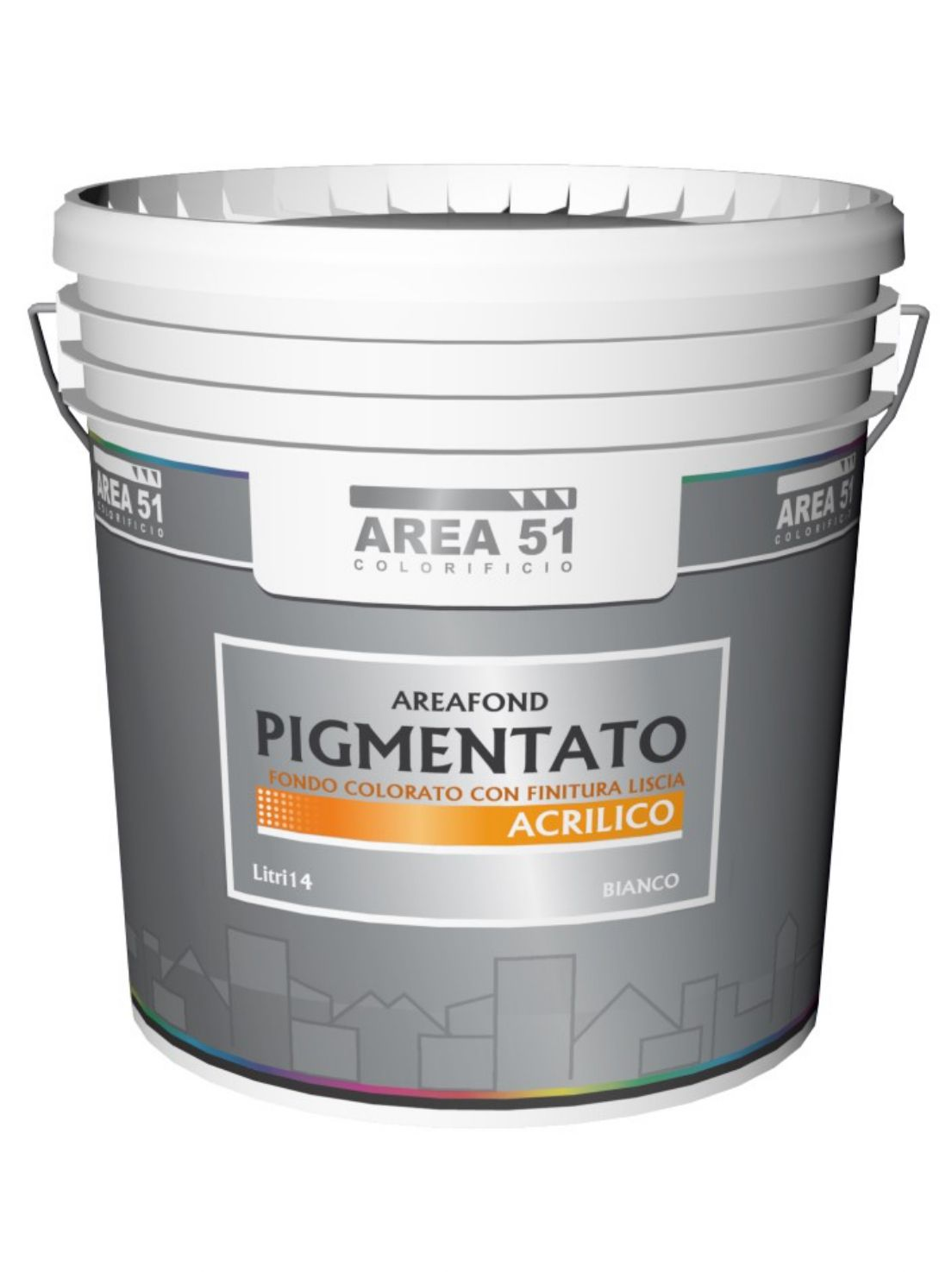Secchio bianco di primer acrilico pigmentato Area 51 con etichetta grigia e dettagli arancioni su sfondo bianco.