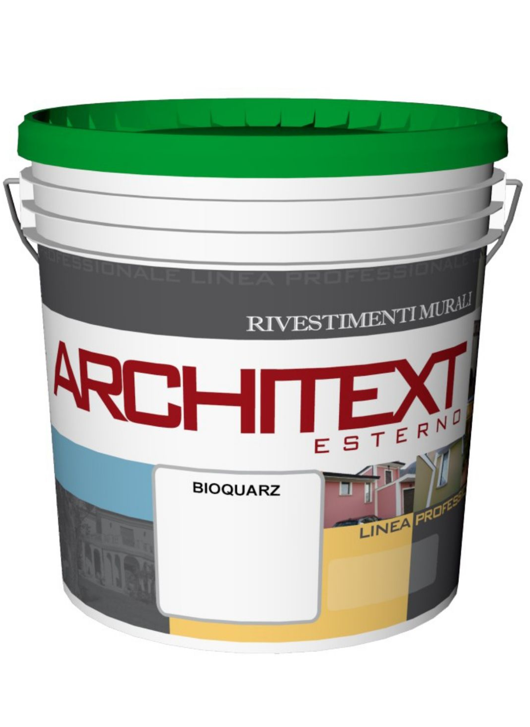 Secchio di vernice bianco con coperchio verde e scritte “ARCHITEXT” e “BIOQUARZ” su sfondo bianco.