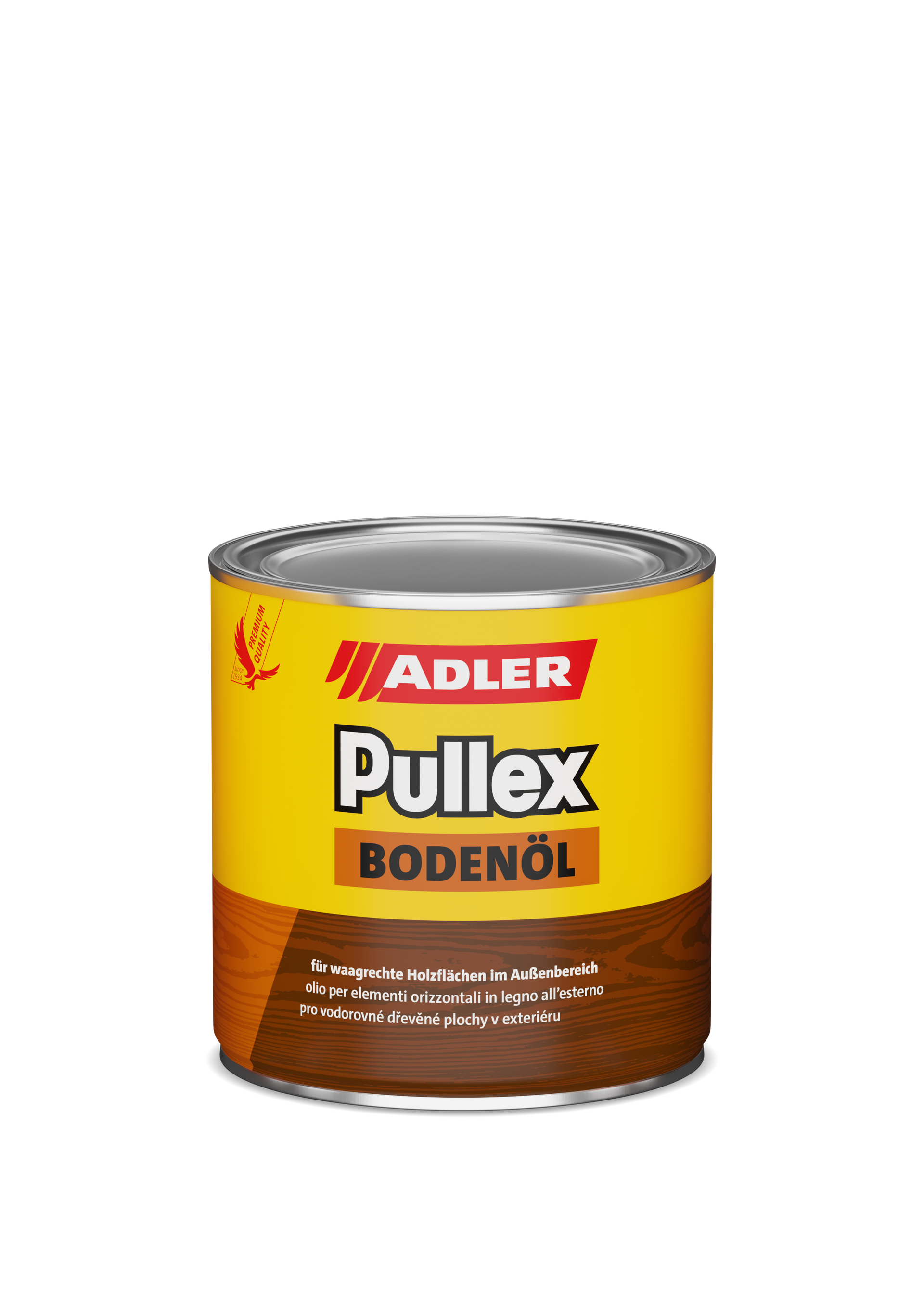Lattina di olio per pavimenti in legno Adler Pullex Bodenöl con etichetta gialla e marrone.