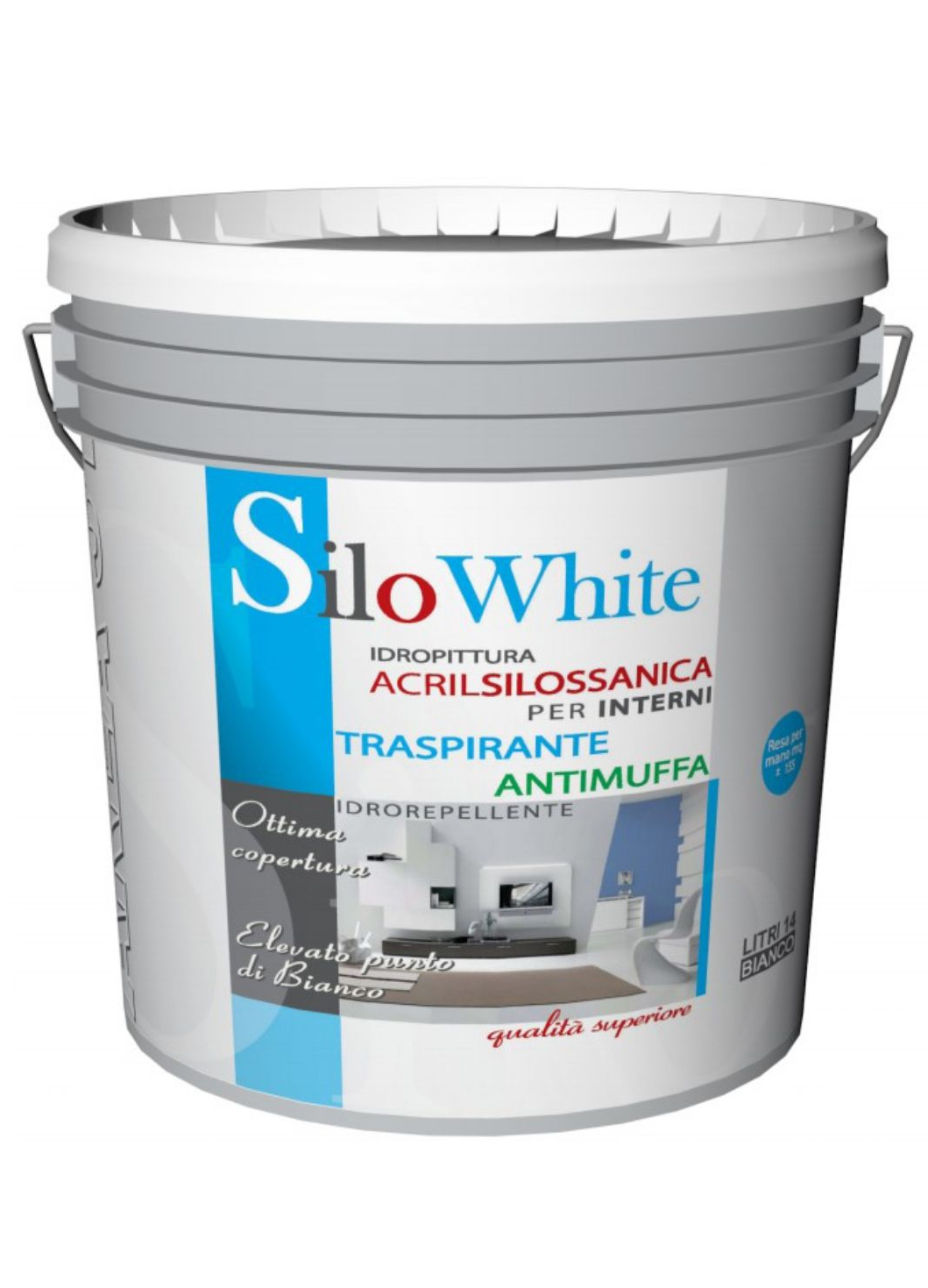 Secchio di vernice bianca con etichetta “SiloWhite”, confezione blu e grigia e manico.