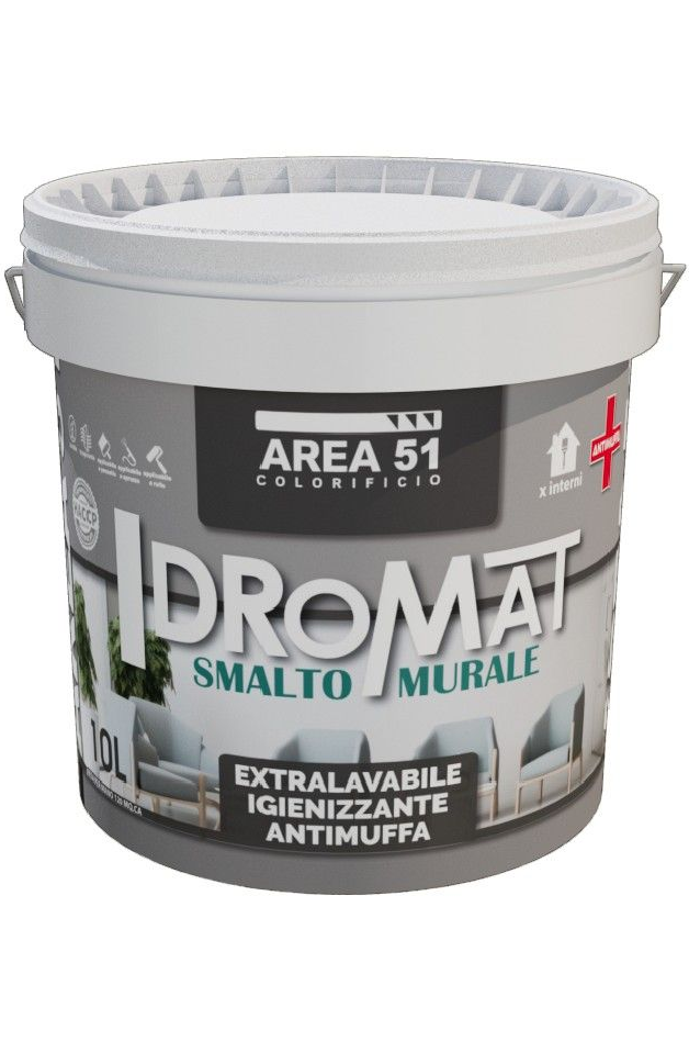 Secchio bianco di vernice murale bianca Area 51 Lidromat con coperchio ed etichetta grigi.