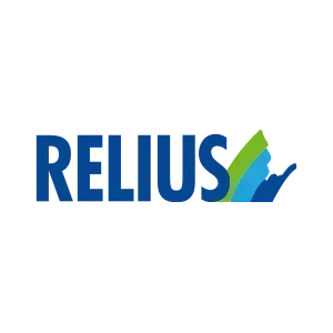Logo RELIUS in blu con un motivo a onda astratta verde e blu.