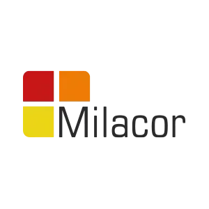 Logo Milacor con quattro quadrati colorati e scritta nera su sfondo bianco.