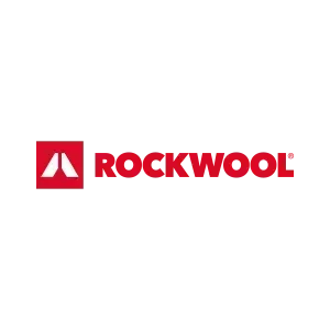 Logo ROCKWOOL in rosso su sfondo bianco