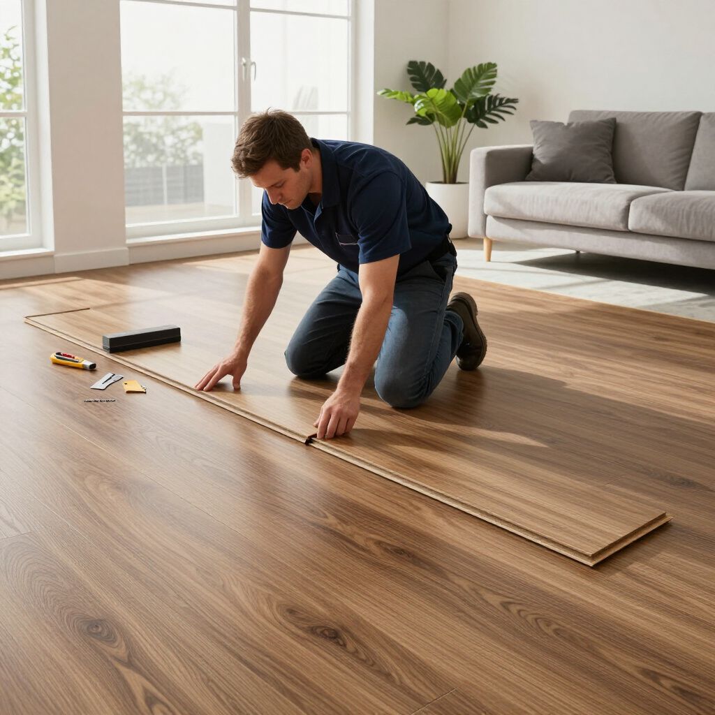 Een persoon knielt op een houten vloer en meet en legt laminaatplanken in een lichte woonkamer.
