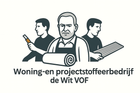 Logo for Woning- en projectstoffeerbedrijf de Wit VOF with three workers and flooring tools