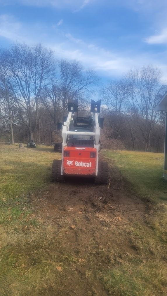 Red Bobcat skid steer in a grassy yard with leafless trees under a partly cloudy sky