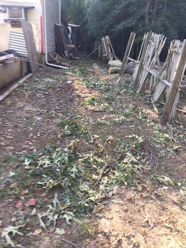 Narrow muddy backyard path with scattered leaves, a wooden fence, and a brick wall along the side of a house
