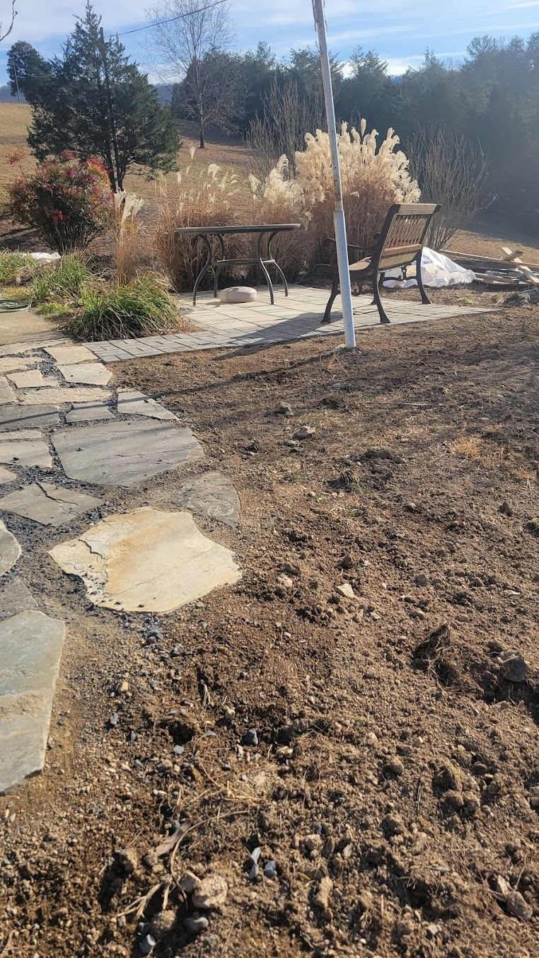 Stone walkway beside a mulched garden bed with shrubs and a small tree in a sunny yard