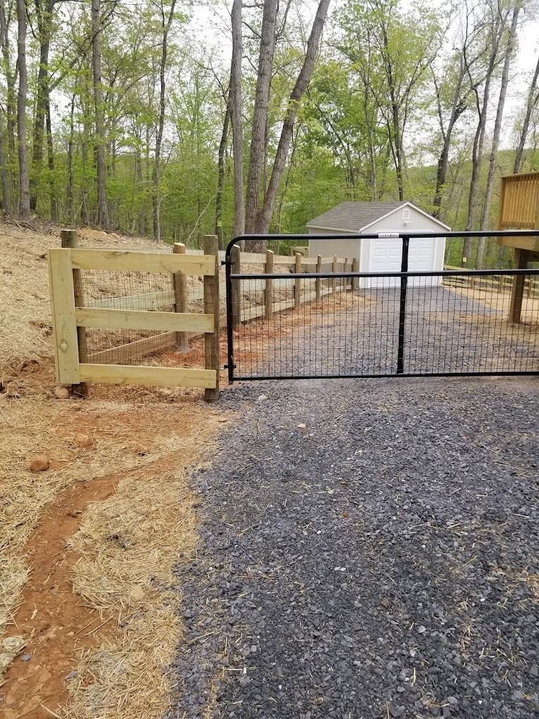 Gravel driveway with a black metal gate beside a wooded yard and small white shed