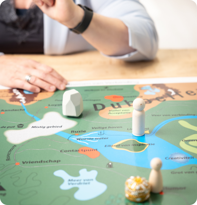 A person uses wooden game pieces on a illustrated board depicting a metaphorical landscape with Dutch labels.