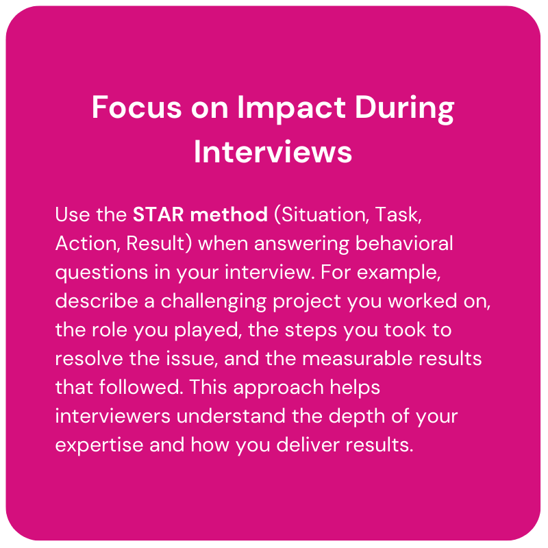 Pink slide: “Focus on Impact During Interviews” with STAR method guidance text.