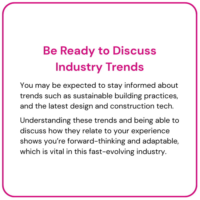 Pink-bordered card with heading “Be Ready to Discuss Industry Trends” and short black paragraph text.