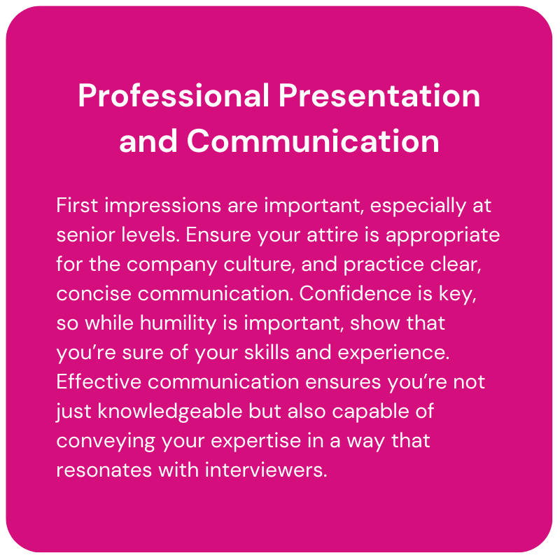 Magenta slide titled “Professional Presentation and Communication” with white text about interview communication tips