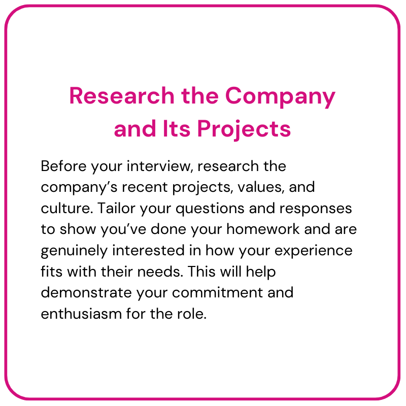 Pink-bordered tip card titled “Research the Company and Its Projects” with interview preparation advice.