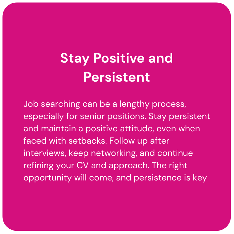 Pink motivational slide with white text: “Stay Positive and Persistent” and job search advice.