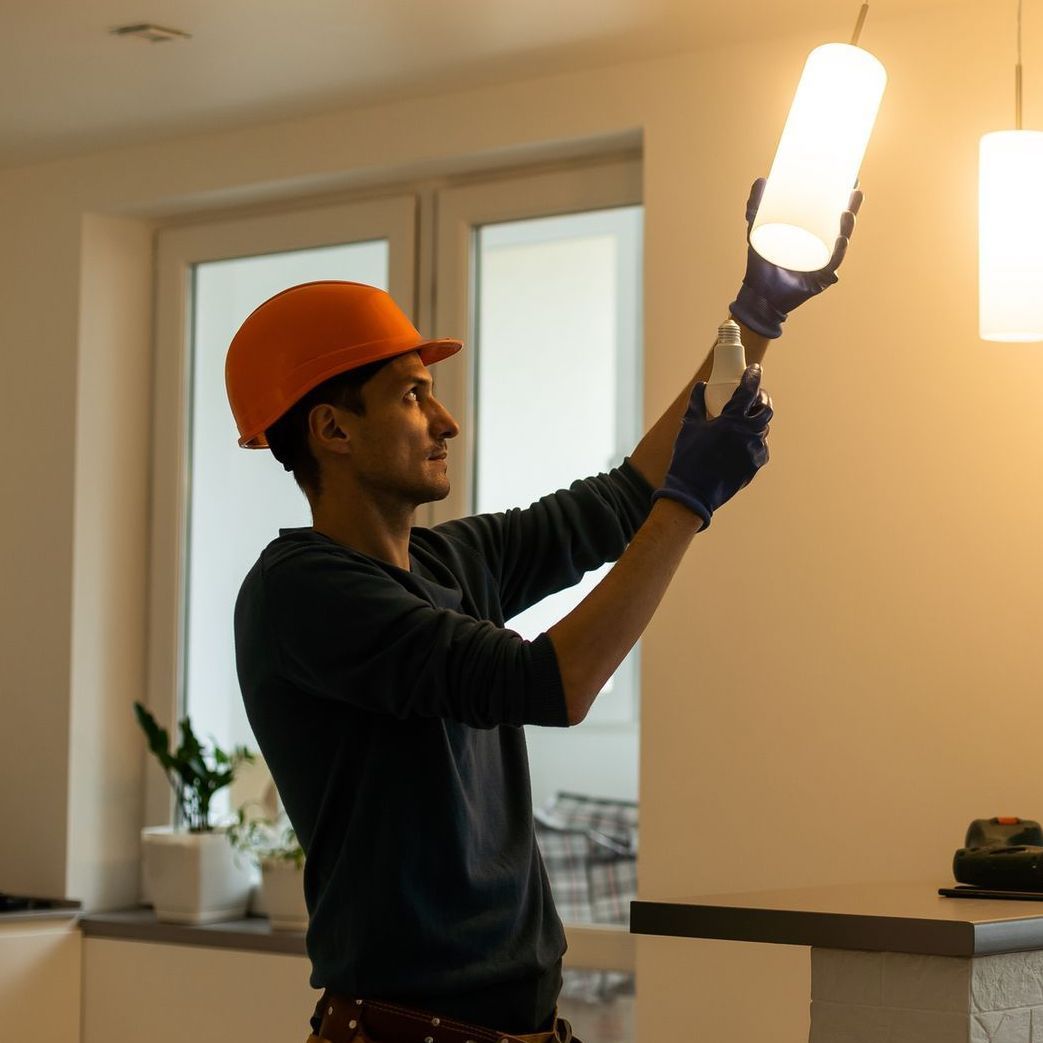 Worker in orange hard hat changing a ceiling light in a bright room