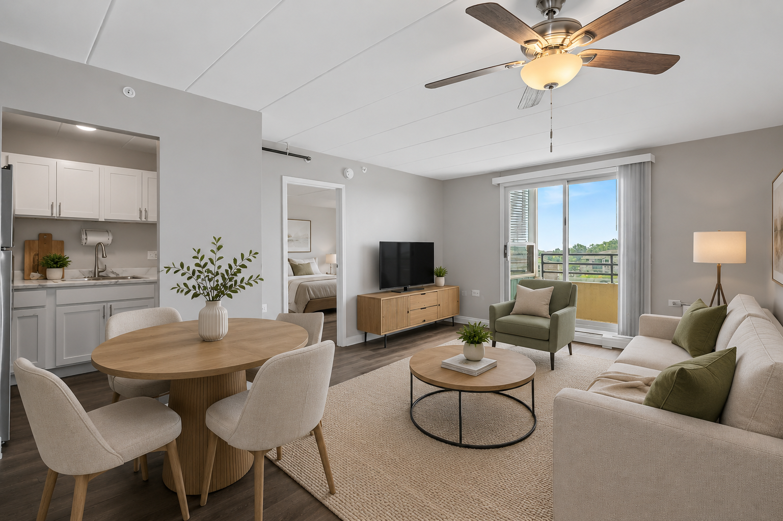 Bright living room with white sectional sofa, dresser, floor lamp, and window coverings.