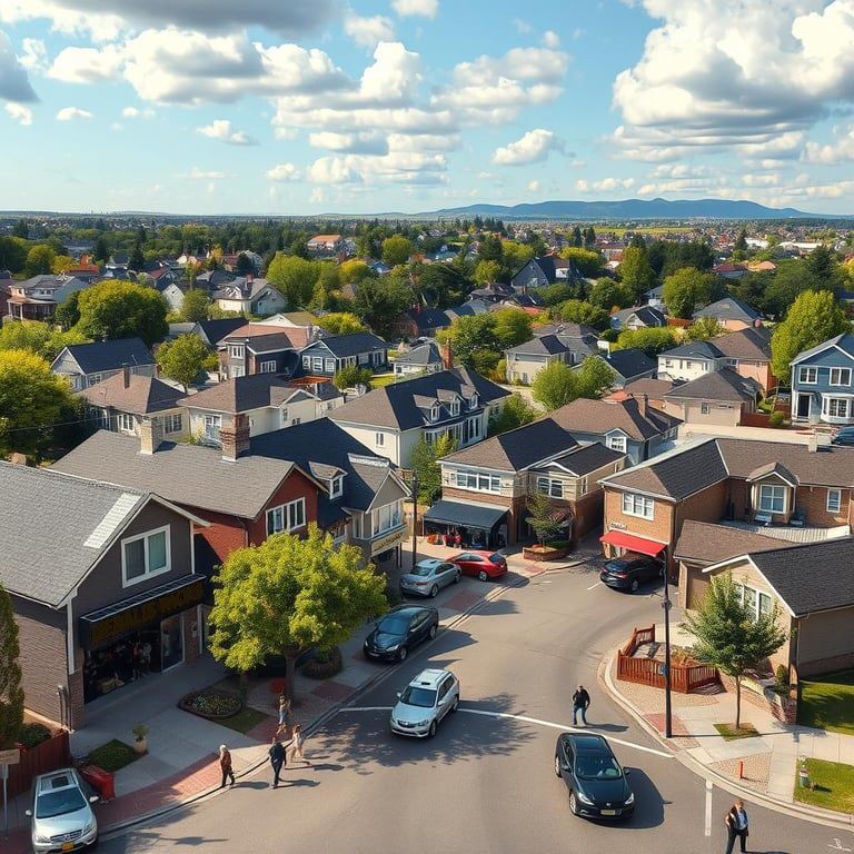 Aerial view of a suburban neighborhood with houses, cars, trees, and people on a sunny day.