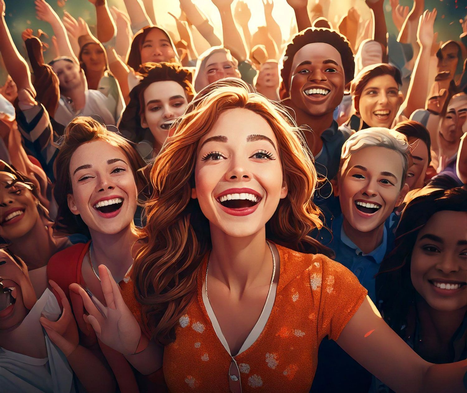 Group of people smiling, raising hands, bright sunlight, joy, celebration.