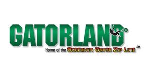 Gatorland logo with green text, a silhouette ziplining, and 