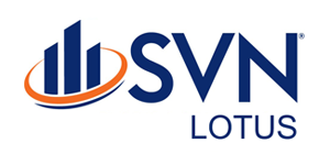 Logo for SVN Lotus, real estate company. Blue buildings within orange ring, dark blue 