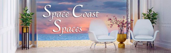 Interior with chairs overlooking a beach at sunset. Text reads 