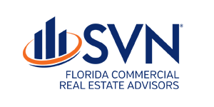 Logo for SVN Florida Commercial Real Estate Advisors: blue, stylized building outlines, orange arc, and blue text on white.