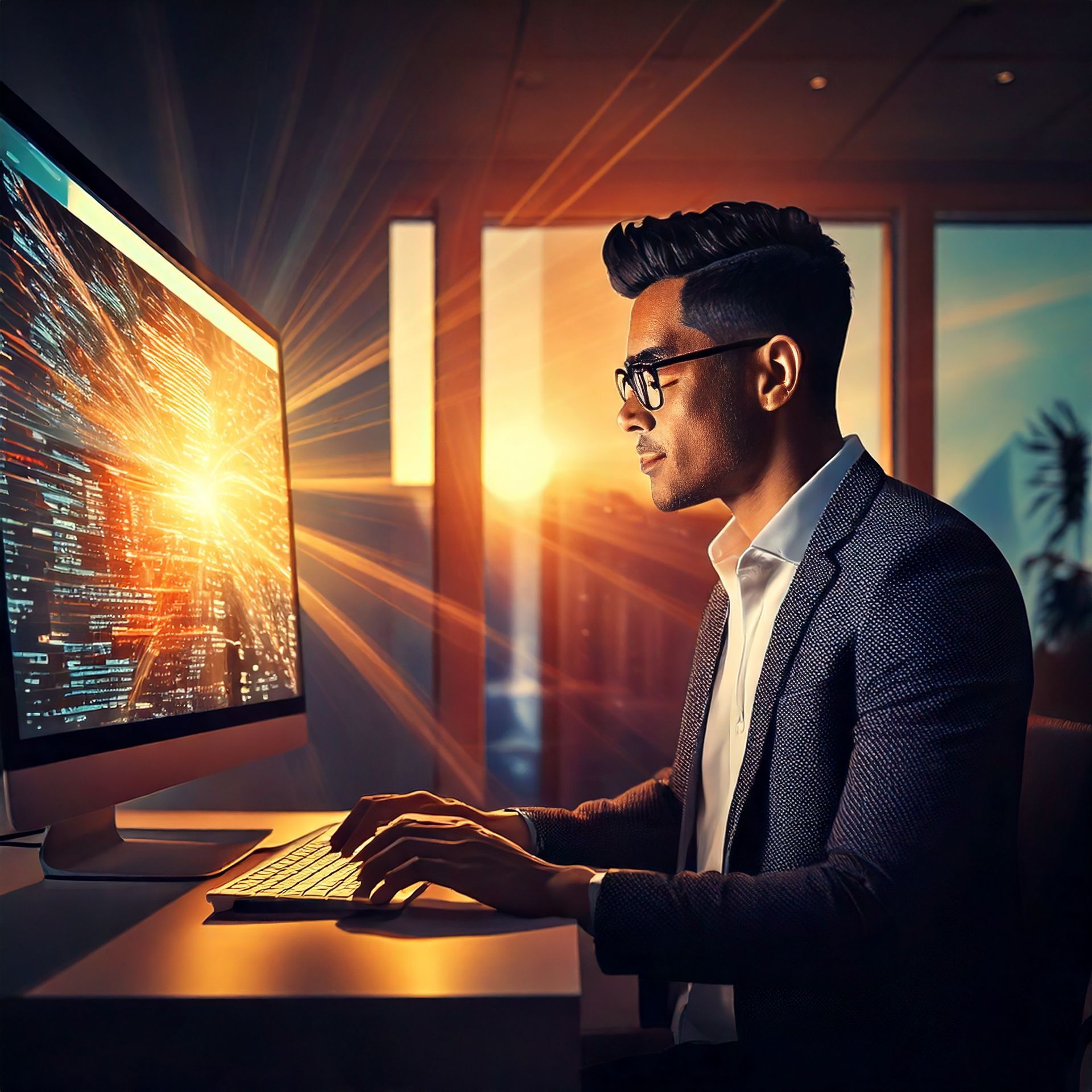 Man working on computer with illuminated screen. Wearing glasses and suit jacket, illuminated by a warm glow.