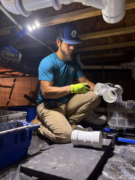 Worker kneeling in a crawlspace installing white PVC plumbing under exposed beams