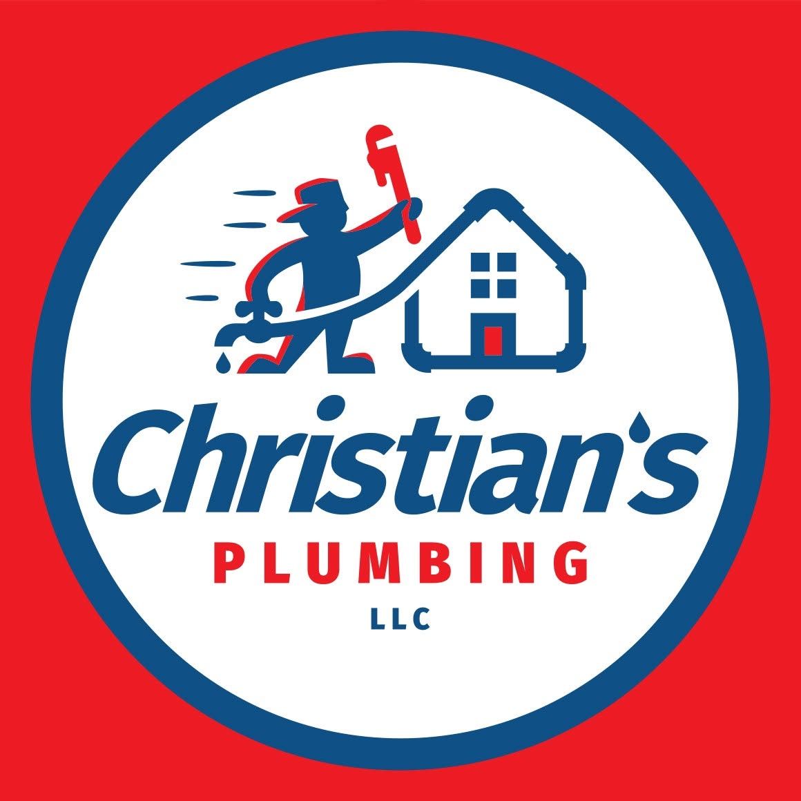 Christian&rsquo;s Plumbing LLC logo in blue, red, and white with a plumber and house icon